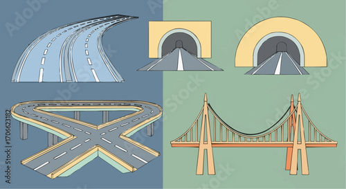 Illustration of different types of transportation infrastructure including roads bridges and tunnels for travel vector