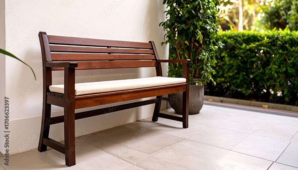 Fototapeta premium Wooden Bench with Cushion on Patio