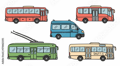 Illustration of various types of buses including city bus shuttle bus trolley bus and minivan transportation 1 vector