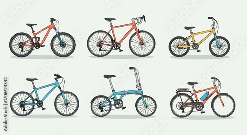 Different types of bicycles illustration including mountain bike, road bike, bmx, folding bike and ebike vector