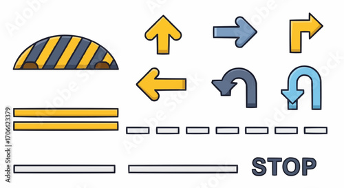 Road marking elements vector illustration for traffic road design and street navigation with arrows and stop sign vector