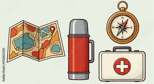 Illustration of camping essentials including map compass thermos and first aid kit for outdoor adventures vector