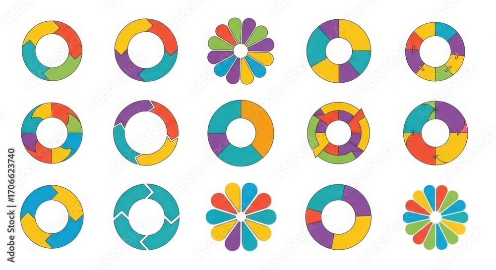 Obraz premium Collection of circular diagrams and flowcharts with colorful segments on a white background