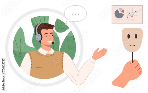 Man with headset communicates enthusiastically as a smiling mask in hand symbolizes hidden identity or emotions. Ideal for customer service, communication, psychology, business, identity, honesty