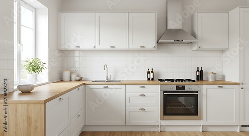 Modern White Kitchen Interior with Wooden Countertops Bright Lighting.