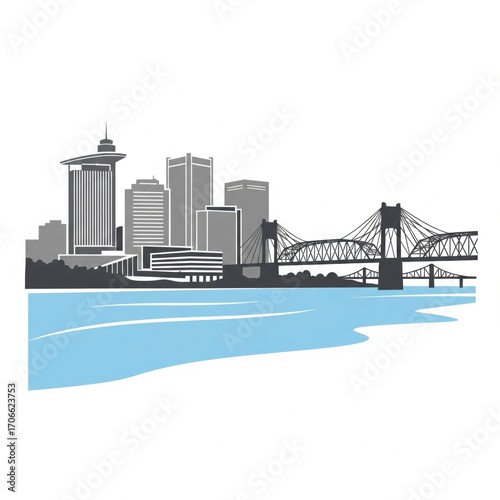 Cityscape Silhouette - Baton Rouge Skyline and Mississippi River Bridge.