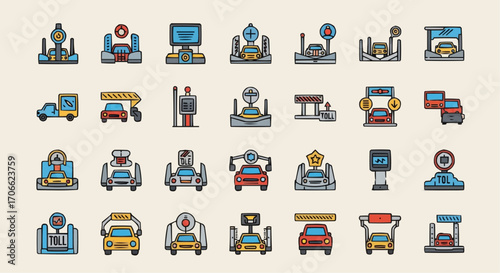 Toll plaza tollbooth toll station toll gate vector icons set transportation tolls infrastructure payment system vector