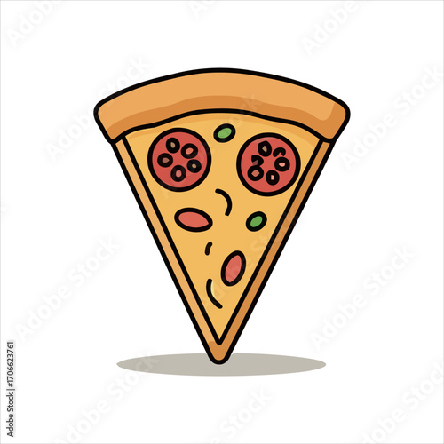 A mouthwatering slice of pizza with pepperoni, tomatoes, and green peppers, presented in a vibrant, clean illustration style