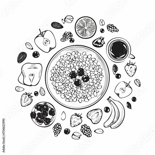 healthy muesli breakfast with oats and fruits in vector