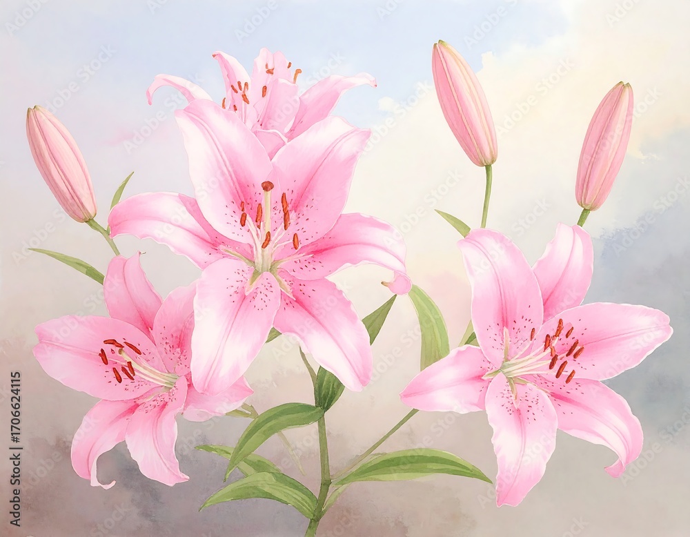 Fototapeta premium Delicate pink lilies in soft pastel colors against a hazy sky