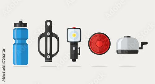 Bicycle accessories set vector illustration featuring water bottle pedals light reflector and bell items vector