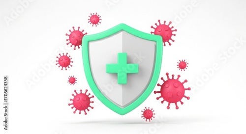 A shield with a green border and plus sign surrounded by pink virus molecules on white background