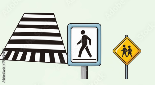 Illustration of pedestrian crossing zebra crosswalk sign school zone sign for road safety awareness campaign vector