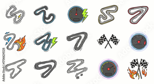 Racing track illustration set for motorsport events and speedway designs with checkered flags and speedometers vector