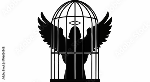 Vector art of silhouette of an angel with wings and halo trapped inside a bird cage