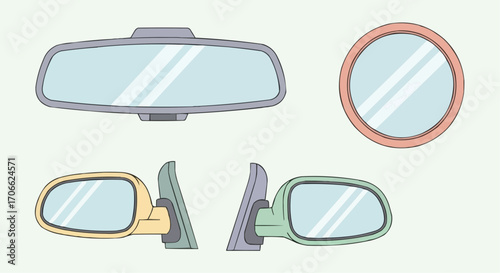 Exploring car mirrors types rearview side mirrors automotive safety driving visibility reflection vehicle parts vector