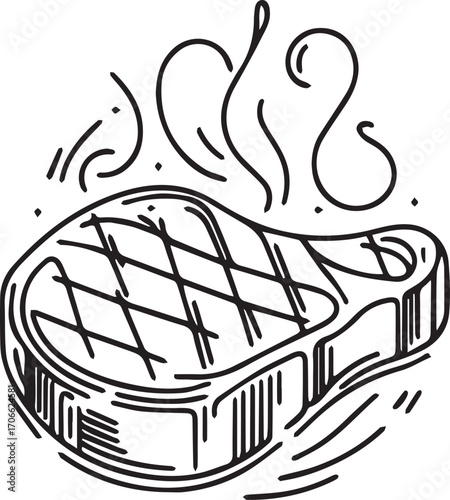 A grilled steak with crosshatch marks and rising steam, illustrated in simple line art.