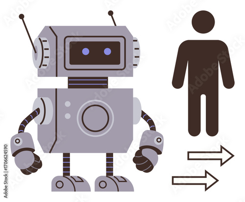 Robot with antennas and human figure highlighted by arrows indicating exchange or cooperation. Ideal for automation, AI, robotics, teamwork, innovation, technology, future. Simple flat metaphor