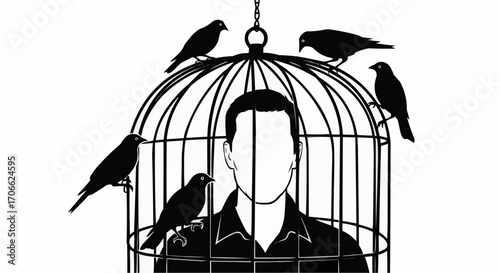 Vector art of silhouette of a man trapped inside a birdcage with birds perched on the bars