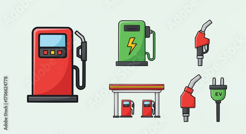 Illustration of gas station and electric vehicle charging station with fuel pump and ev plug design vector