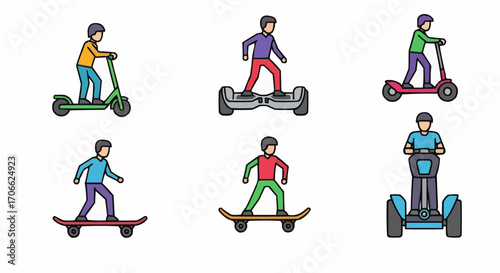 Explore personal transportation devices electric scooter skateboard hoverboard segway for modern urban mobility vector