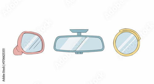 Different car mirrors vector illustration, including rearview, side and vanity mirrors for vehicle safety vector