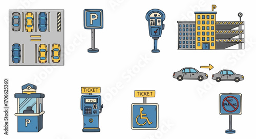 Parking lot signs and symbols including parking garage, parking meter, no parking and parking ticket machine vector