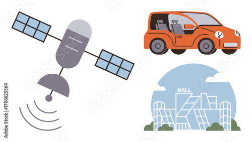 Satellite transmitting signals, orange city car, modern shopping mall. Ideal for technology, navigation, transport, urban planning, retail innovation connectivity. Minimalistic simple flat