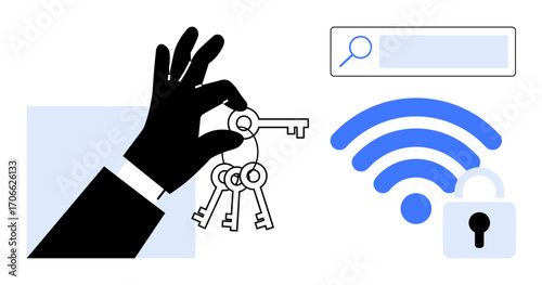Hand holding keys near wireless symbol and lock, emphasizing security, connectivity, and online access. Ideal for digital safety, authentication, key management, network security, cybersecurity