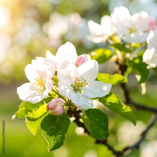 Blossoming apple tree branch in sunlight