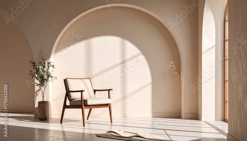 Beige Armchair in Sunlit Room with Arched Walls