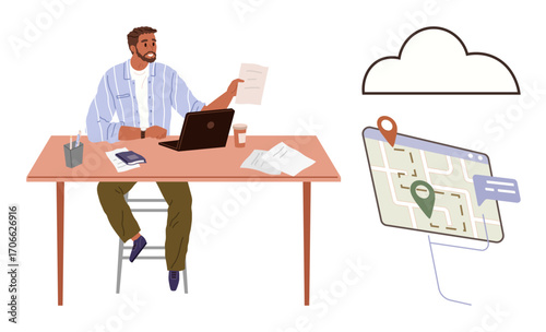 Man seated at desk with laptop, paper, and coffee, interacting with cloud storage and map location system. Ideal for remote work, technology, navigation, productivity, business planning