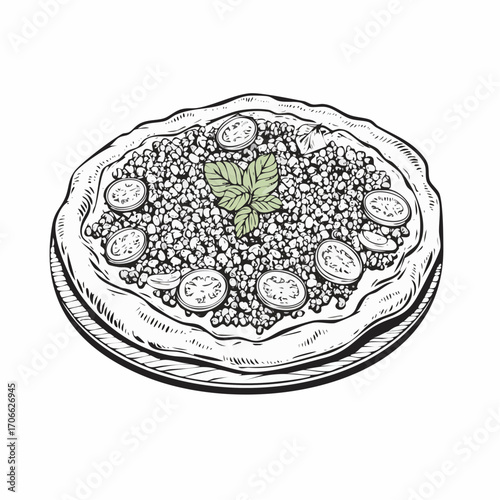 Lahmacun Turkish flatbread with minced meat and vegetables