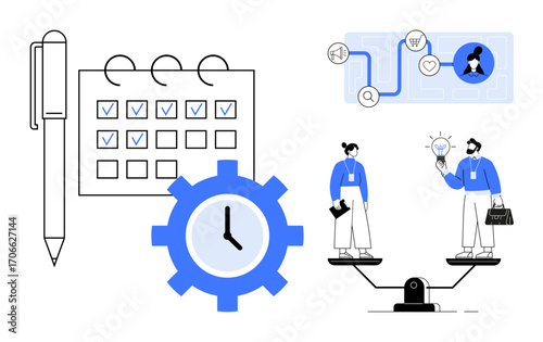 Pen, calendar with checkmarks, clock gear, balanced scale, colleagues sharing ideas, dashboard icons. Ideal for time management, teamwork, balance productivity innovation scheduling simplicity