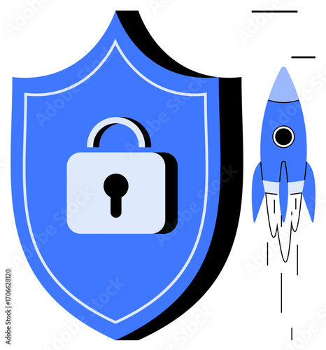 Blue shield with central lock and ascending rocket. Ideal for cybersecurity, innovation, data protection, digital security, technology, business growth, startup vision. Simple flat metaphor