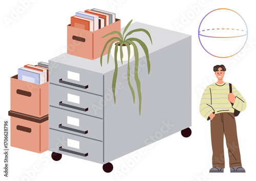 Filing cabinet with boxes of files, cascading houseplant, globe diagram, casually dressed young man carrying bag. Ideal for organization, storage, education, workplace, planning student life