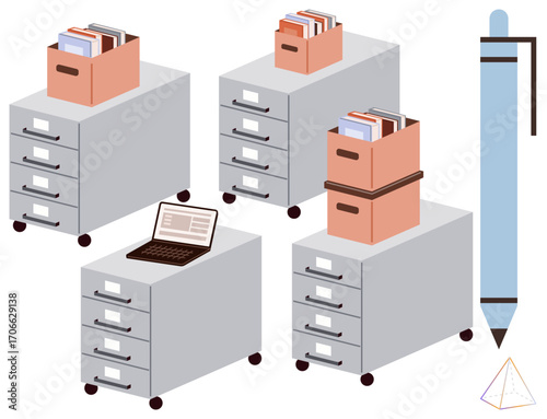 Filing cabinets with organized files, open laptop, large pen, and geometric pyramid design. Ideal for workspace, organization, productivity, business administration planning modern focus. Simple