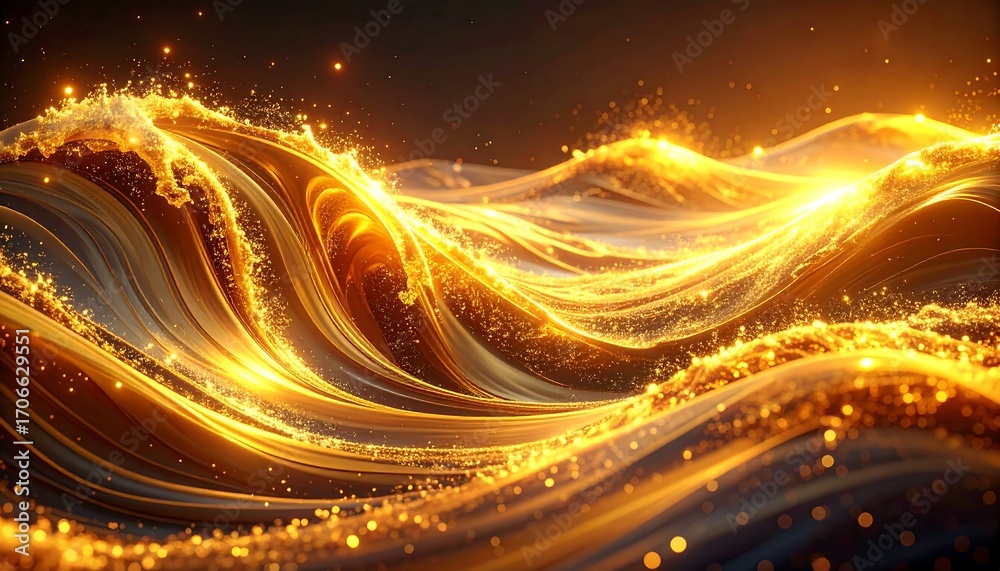 Fototapeta premium Golden liquid waves flowing across a dark background