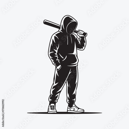 Black and white illustration of a person in a hooded sweatshirt holding a baseball bat over their shoulder