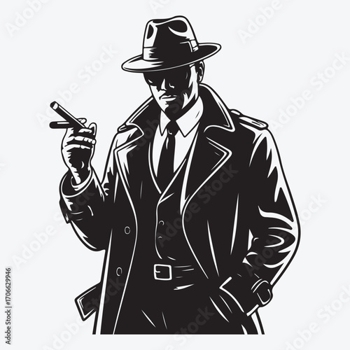 Black and white illustration of a man in a fedora and trench coat holding a cigar male detective 1