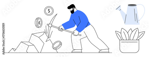 Person breaking rocks to reveal currency coins while a watering can and potted plant sit nearby. Ideal for finance, investment, growth, effort, sustainability, resource management, simple flat