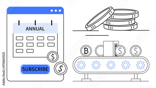 Annual subscription calendar with coin icons, automation gear conveyor, and stacks of coins. Ideal for finance, subscriptions, budgeting, blockchain, automation fintech digital economy. Simple flat