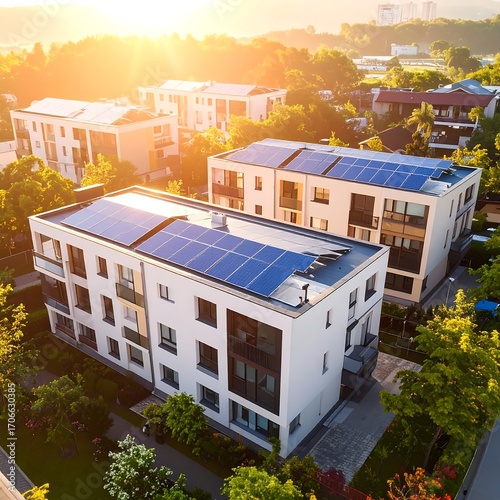 Aerial view of modern apartment buildings with solar panels on rooftops, bathed in sunrise light