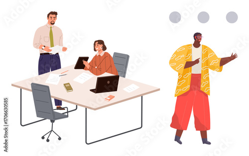 Colleagues gather around a table with laptops, papers, and phones, while a team member presents ideas. Ideal for teamwork, brainstorming, communication, collaboration, leadership planning