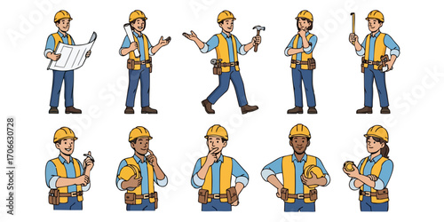 Diverse construction worker team ready for building projects, illustrated characters with hard hats and tools for safety and skilled work