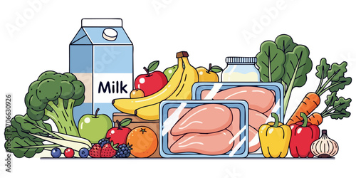 Fresh groceries and poultry for a balanced diet full of healthy nutrients, perfect for promoting wellness and delicious meals for your family today