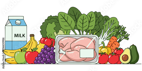 Fresh groceries for healthy eating, vibrant produce, dairy, and poultry for balanced nutrition and wellness, a modern lifestyle choice for families