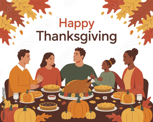 Happy Thanksgiving Dinner Celebration Vector Illustration with Family Gathering, Autumn Leaves and Holiday Feast