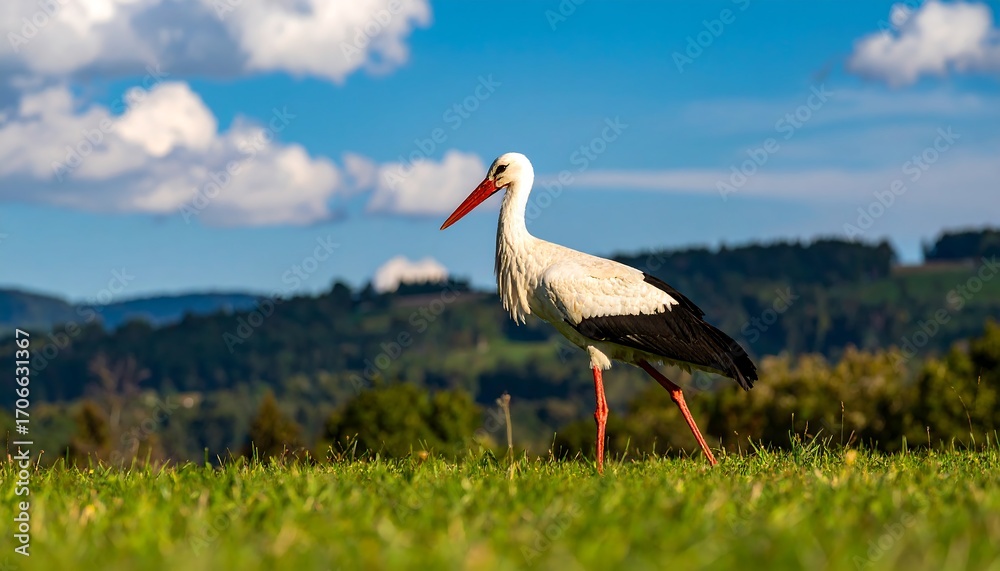 Fototapeta premium Stork on grassy hilltop under a partly cloudy sky