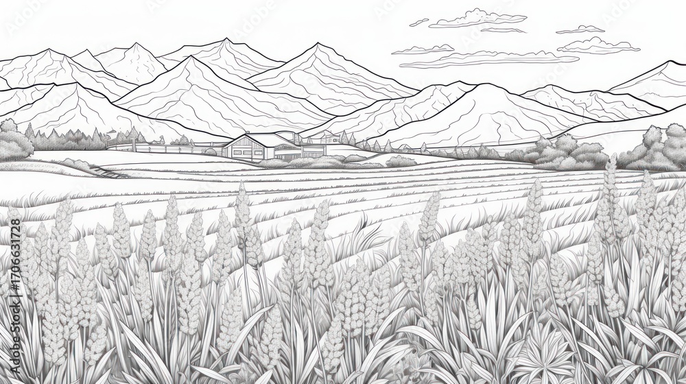 Fototapeta premium Line art rural landscape